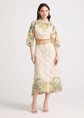 Chandrima-Ivory Floral Checkered Cutwork Skirt-INDIASPOPUP.COM