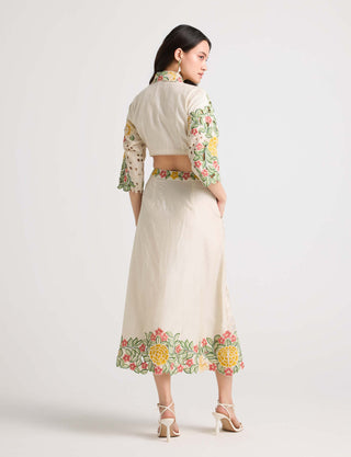 Ivory Floral Checkered Cutwork Skirt by Chandrima available on Indiaspopup.com
