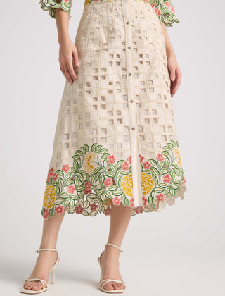 Chandrima-Ivory Floral Checkered Cutwork Skirt-INDIASPOPUP.COM