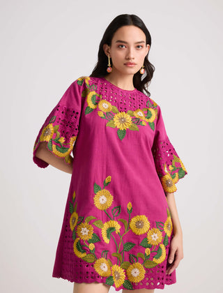 Chandrima-Fuchsia Sunflower Short Dress-INDIASPOPUP.COM