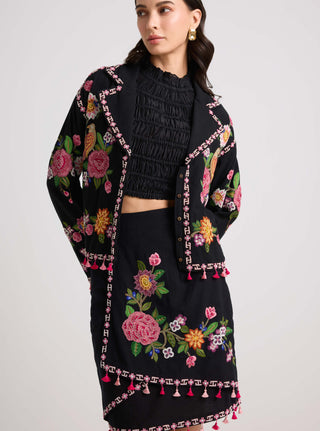Chandrima-Black Floral Threadwork Skirt-INDIASPOPUP.COM
