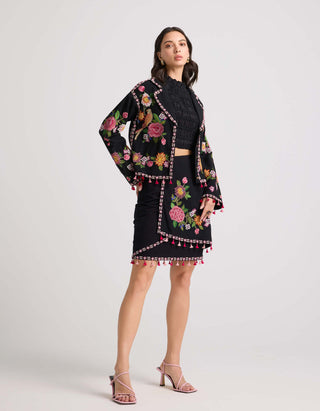 Chandrima-Black Floral Threadwork Skirt-INDIASPOPUP.COM