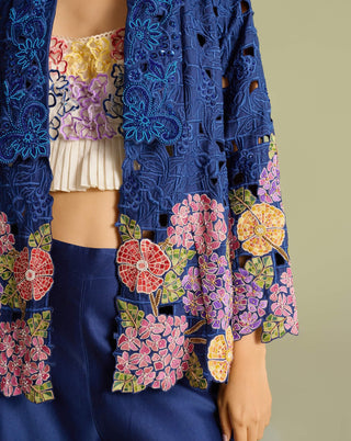 Ivory Pleated Bustier With Indigo Jacket And Pant by Chandrima available on Indiaspopup.com