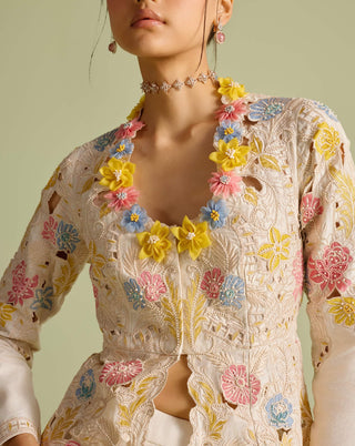 Ivory Pastel Peplum Jacket And Lehenga by Chandrima available on Indiaspopup.com