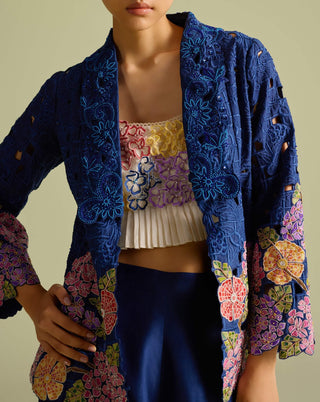 Ivory Pleated Bustier With Indigo Jacket And Pant by Chandrima available on Indiaspopup.com