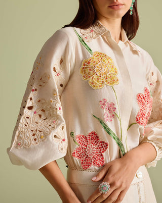 Ivory Floral Mosaic Shirt And Button-Down Skirt by Chandrima available on Indiaspopup.com