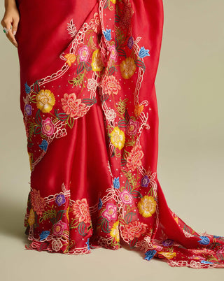 Red Floral Embroidered Sari And Blouse by Chandrima available on Indiaspopup.com