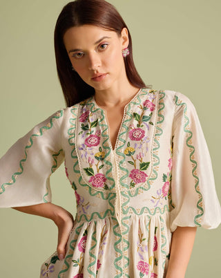 Ivory Floral Vines Midi Dress by Chandrima available on Indiaspopup.com