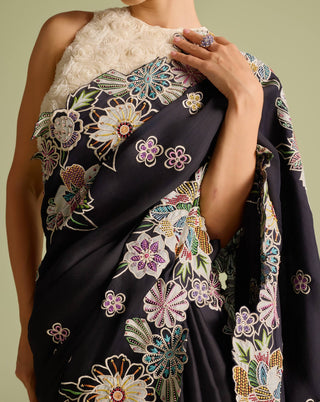 Ivory Rose Textured Top And Black Sari by Chandrima available on Indiaspopup.com