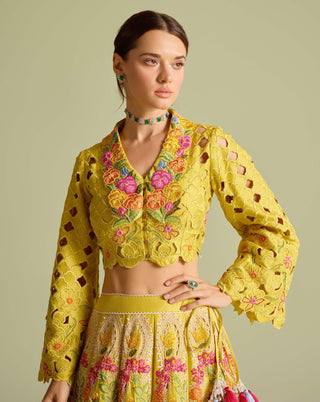 Yellow Cutwork Bolero Jacket And Lehenga by Chandrima available on Indiaspopup.com