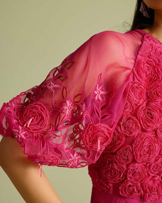 Fuchsia Rose Cutwork Flounce Dress by Chandrima available on Indiaspopup.com