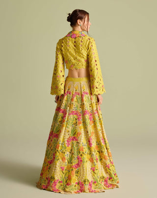 Yellow Cutwork Bolero Jacket And Lehenga by Chandrima available on Indiaspopup.com