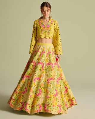 Yellow Cutwork Bolero Jacket And Lehenga by Chandrima available on Indiaspopup.com