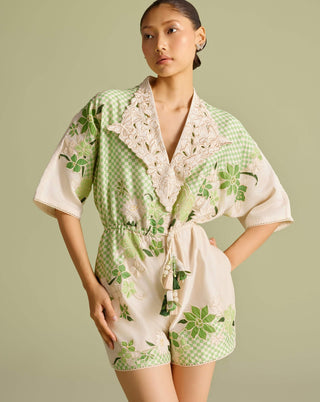 Ivory And Mint Checkered Embroidered Playsuit by Chandrima available on Indiaspopup.com