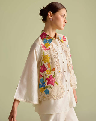 Ivory Floral Mesh Layered Shirt And Pants by Chandrima available on Indiaspopup.com