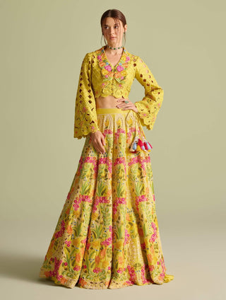 Yellow Cutwork Bolero Jacket And Lehenga by Chandrima available on Indiaspopup.com