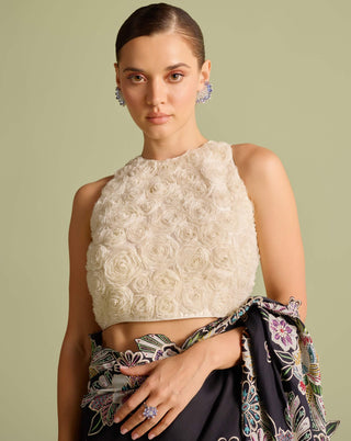 Ivory Rose Textured Top And Black Sari by Chandrima available on Indiaspopup.com