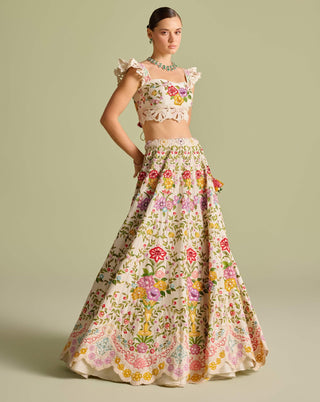 Ivory Multicolor Floral Bustier And Lehenga by Chandrima available on Indiaspopup.com