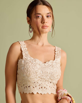 Ivory Tonal Cutwork Bustier And Pink Sari by Chandrima available on Indiaspopup.com