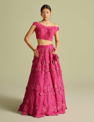 Fuchsia Cutwork Bustier And Lehenga by Chandrima available on Indiaspopup.com