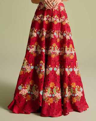 Ivory Scallop Embroidered Top And Red Lehenga by Chandrima available on Indiaspopup.com