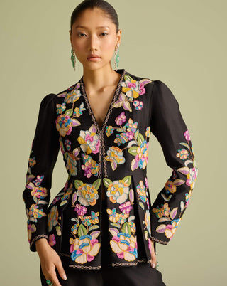 Black Beadwork Pleated Peplum Jacket And Pants by Chandrima available on Indiaspopup.com