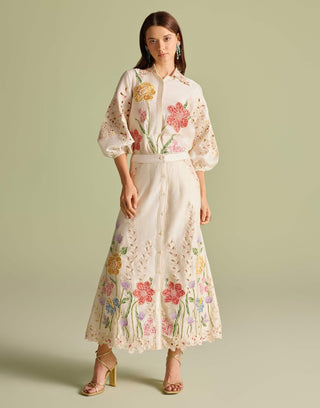 Ivory Floral Mosaic Shirt And Button-Down Skirt by Chandrima available on Indiaspopup.com