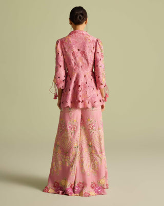 Pink Cutwork Peplum Jacket And Sharara Pants by Chandrima available on Indiaspopup.com