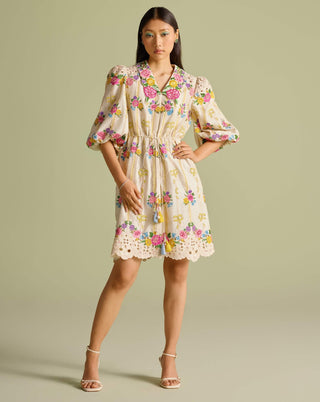Ivory Floral Striped Short Shirt Dress by Chandrima available on Indiaspopup.com