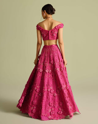 Fuchsia Cutwork Bustier And Lehenga by Chandrima available on Indiaspopup.com