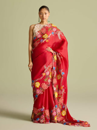 Red Floral Embroidered Sari And Blouse by Chandrima available on Indiaspopup.com