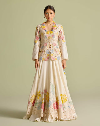 Ivory Pastel Peplum Jacket And Lehenga by Chandrima available on Indiaspopup.com