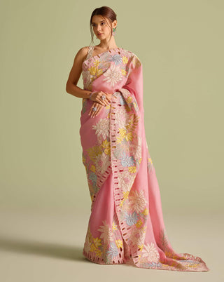 Ivory Tonal Cutwork Bustier And Pink Sari by Chandrima available on Indiaspopup.com