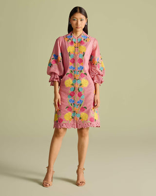 Pink Applique Mesh Layered Short Dress by Chandrima available on Indiaspopup.com