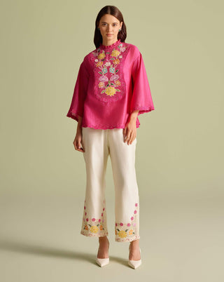 Fuchsia Mesh Yoke Top And Pants by Chandrima available on Indiaspopup.com