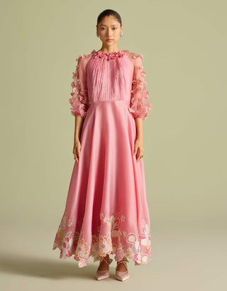 Pink Contrast Embroidered Flounce Dress by Chandrima available on Indiaspopup.com