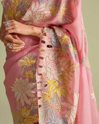 Ivory Tonal Cutwork Bustier And Pink Sari by Chandrima available on Indiaspopup.com