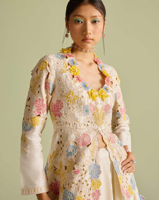 Ivory Pastel Peplum Jacket And Lehenga by Chandrima available on Indiaspopup.com