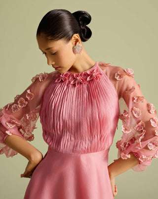 Pink Contrast Embroidered Flounce Dress by Chandrima available on Indiaspopup.com