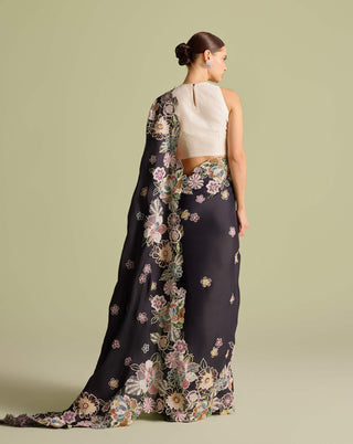 Ivory Rose Textured Top And Black Sari by Chandrima available on Indiaspopup.com