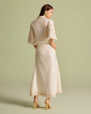 Ivory Floral Mosaic Shirt And Button-Down Skirt by Chandrima available on Indiaspopup.com