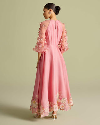 Pink Contrast Embroidered Flounce Dress by Chandrima available on Indiaspopup.com
