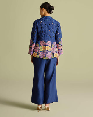 Ivory Pleated Bustier With Indigo Jacket And Pant by Chandrima available on Indiaspopup.com