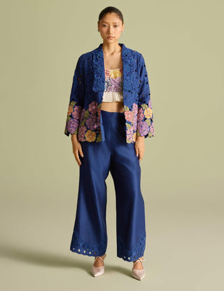 Ivory Pleated Bustier With Indigo Jacket And Pant by Chandrima available on Indiaspopup.com