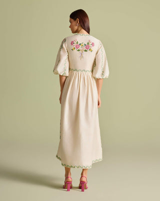 Ivory Floral Vines Midi Dress by Chandrima available on Indiaspopup.com