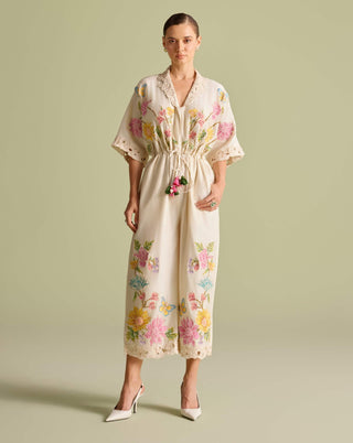 Ivory Mosaic Floral Jumpsuit by Chandrima available on Indiaspopup.com