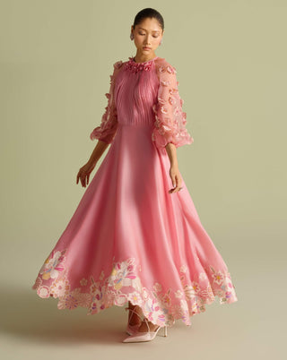 Pink Contrast Embroidered Flounce Dress by Chandrima available on Indiaspopup.com