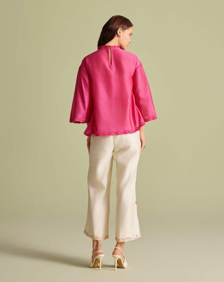 Fuchsia Mesh Yoke Top And Pants by Chandrima available on Indiaspopup.com