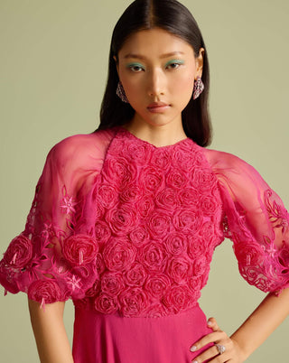 Fuchsia Rose Cutwork Flounce Dress by Chandrima available on Indiaspopup.com