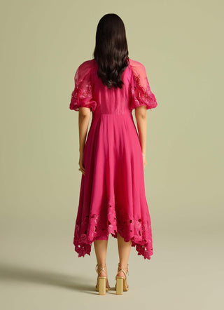 Fuchsia Rose Cutwork Flounce Dress by Chandrima available on Indiaspopup.com